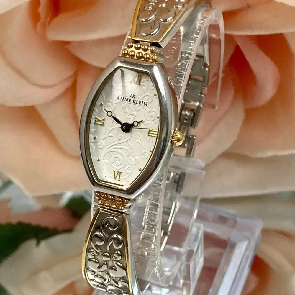 Anne Klein Two-Tone Tonneau Case Bracelet Watch Textured Dial Roman Numerals